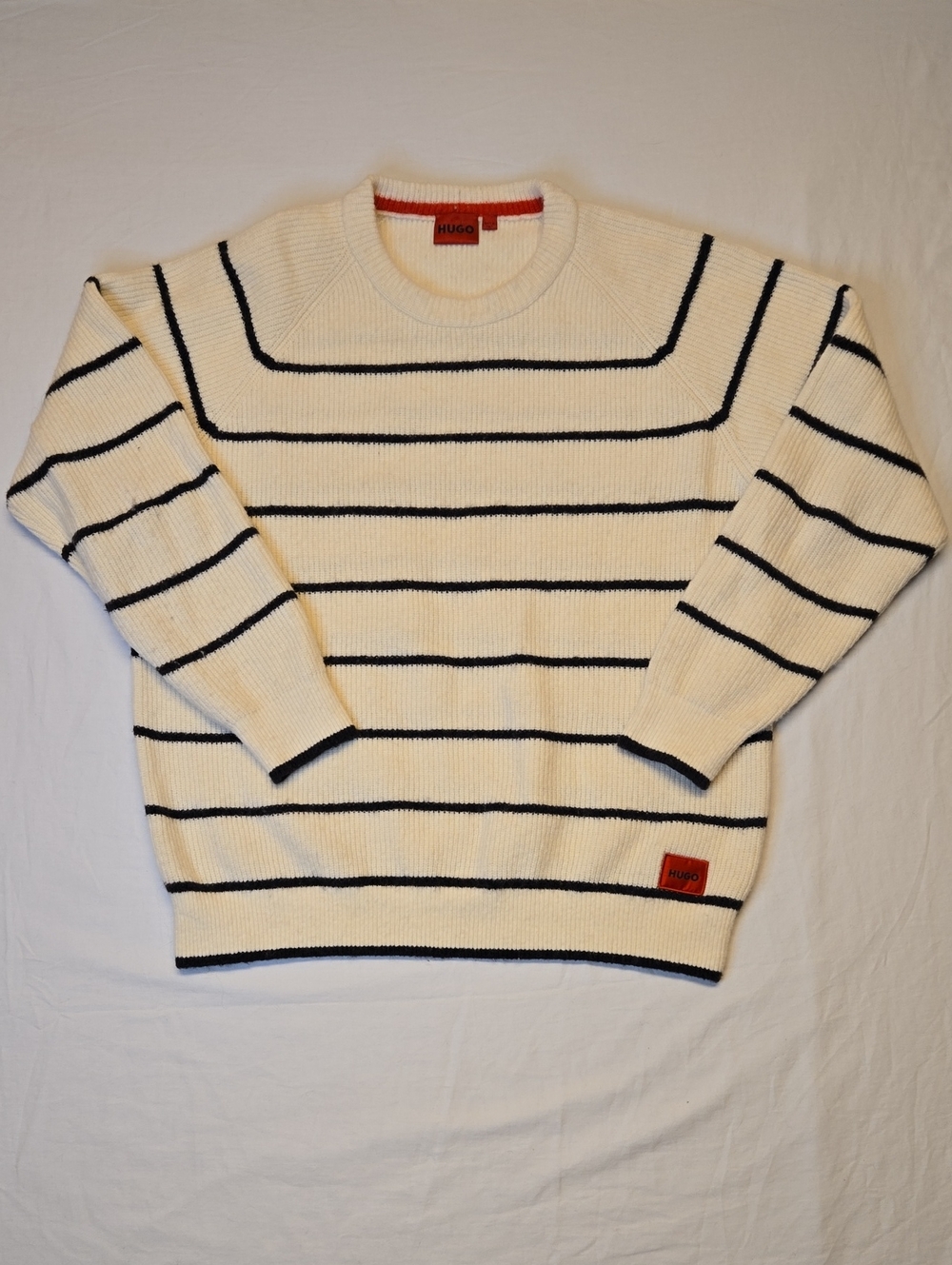 HUGO White & Black Knit Alpaca Wool Blend Stripe Pullover Crewneck Sweater